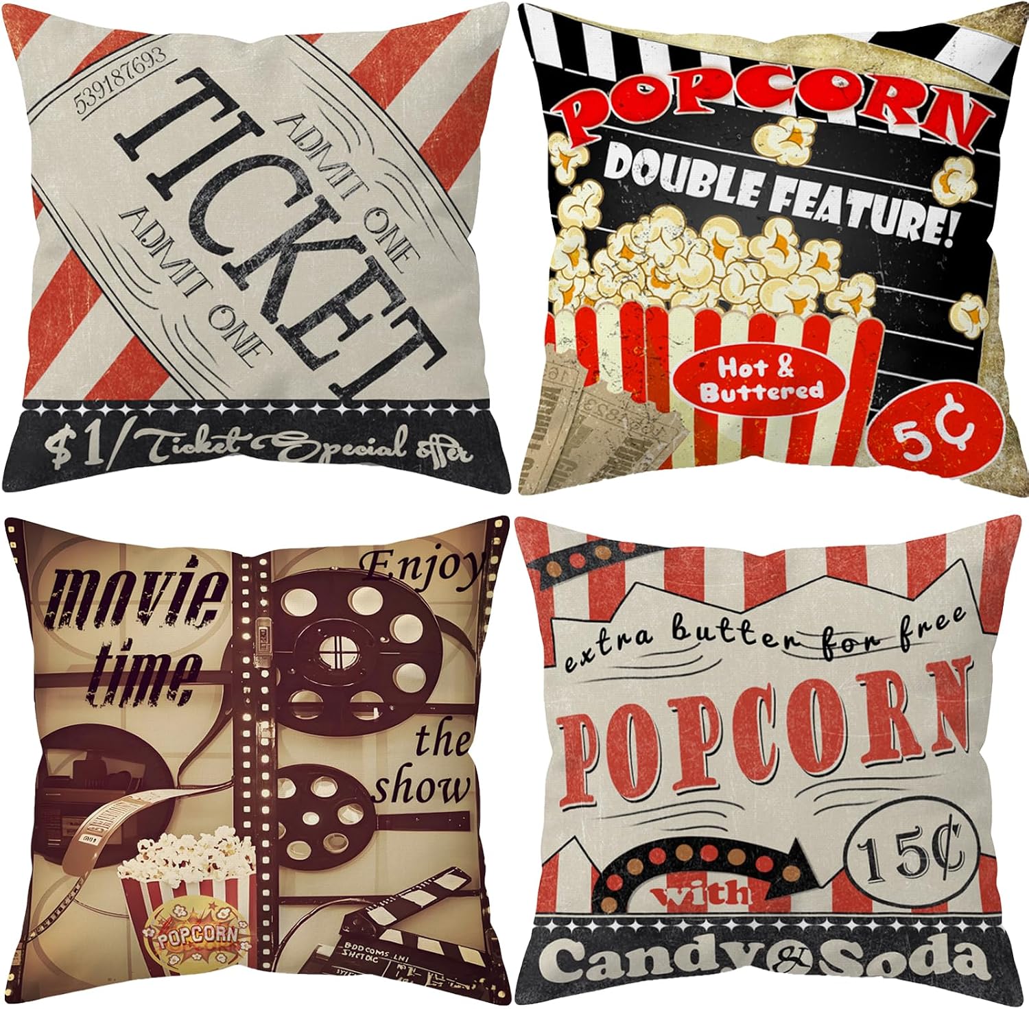 Home Cinema Tickets - 4Pcs Sarung Bantal Retro Bioskop Vintage