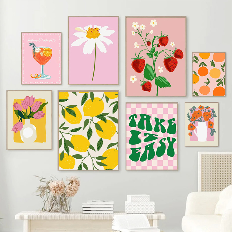 Home Cinema Wall Art - Lukisan Kanvas Motif Bunga Lemon Stroberi